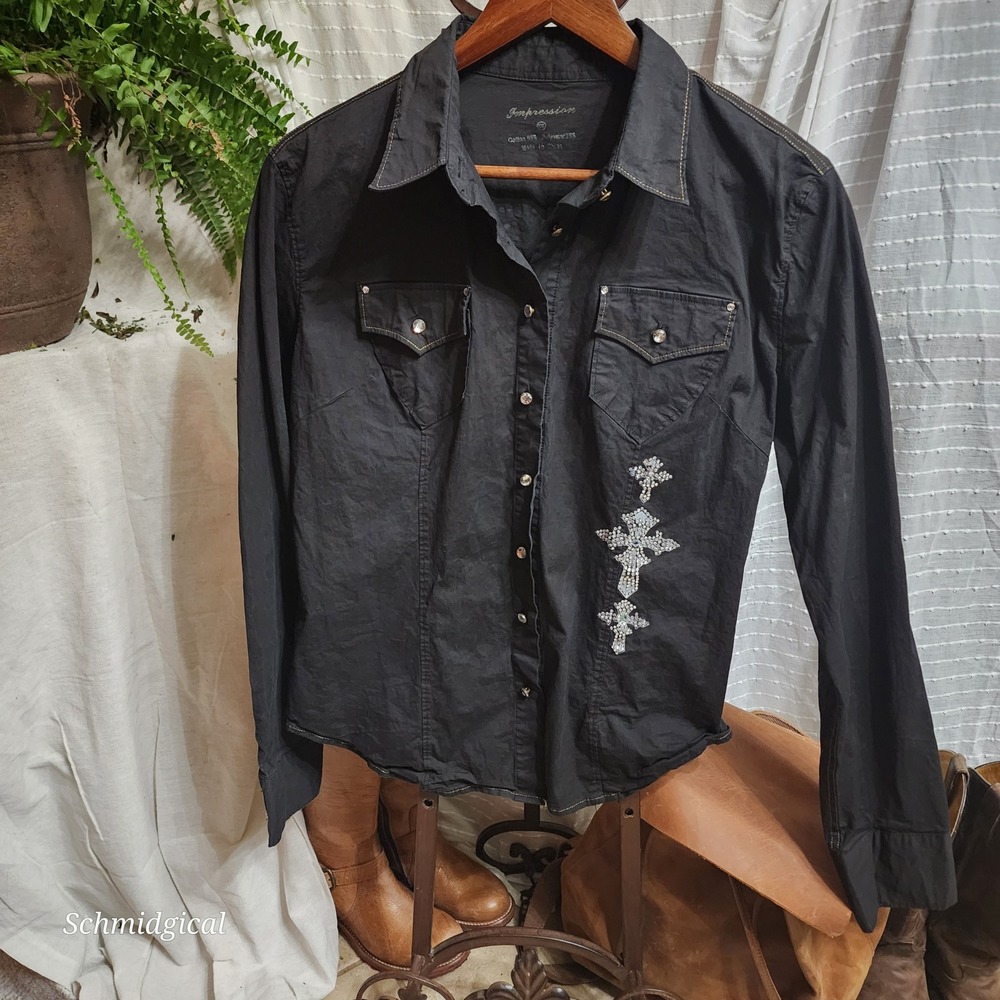 Impression Black Western Shirt Rhinestone Angel Wings Crosses Womens XXL